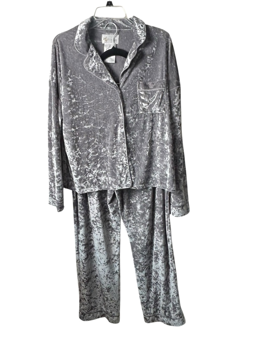 Lord & Taylor Pajama Set Womens L Gray Crushed Velvet Soft Cozy Holiday Sleep